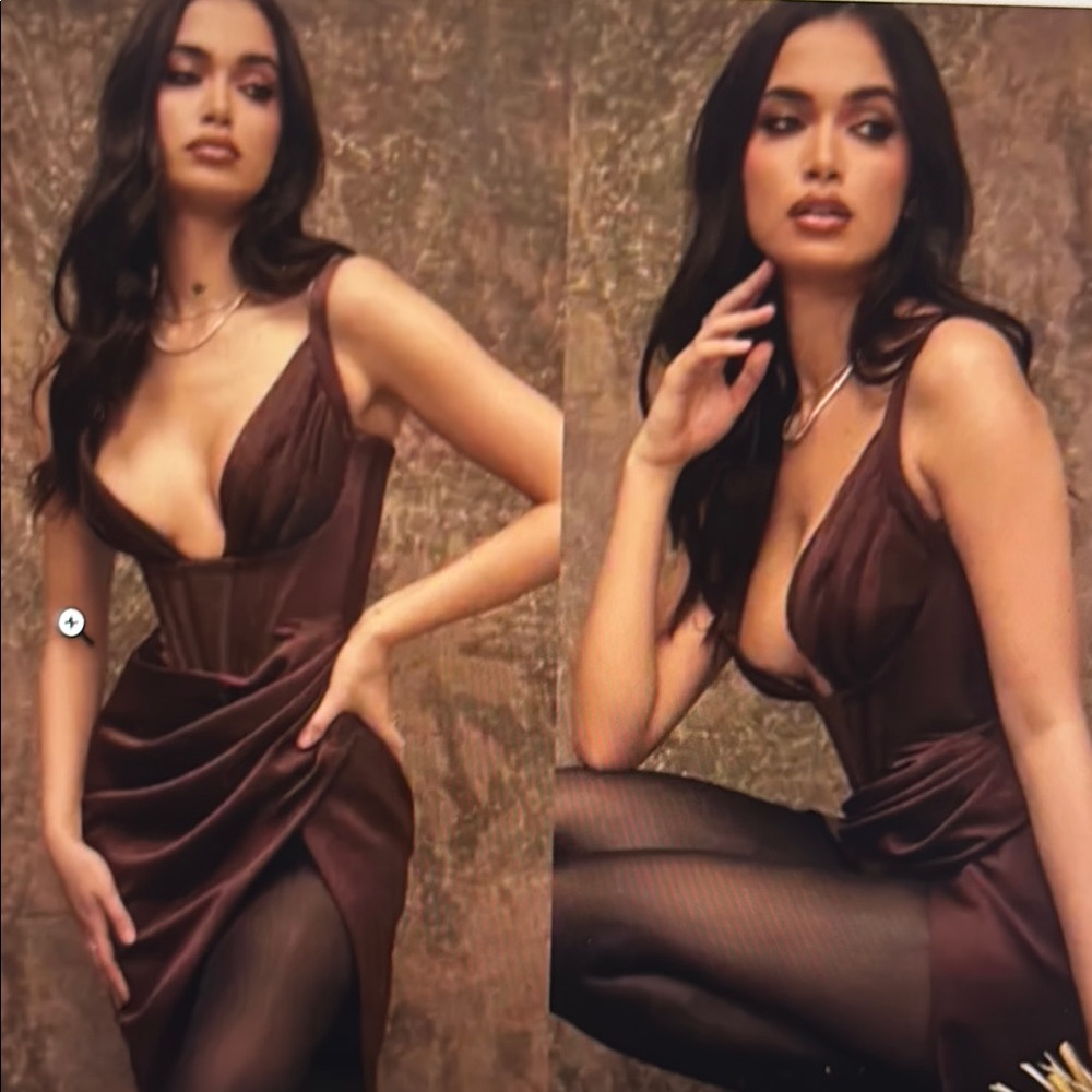 House of CB Faye Chocolate Brown Satin Corset Dress NIB